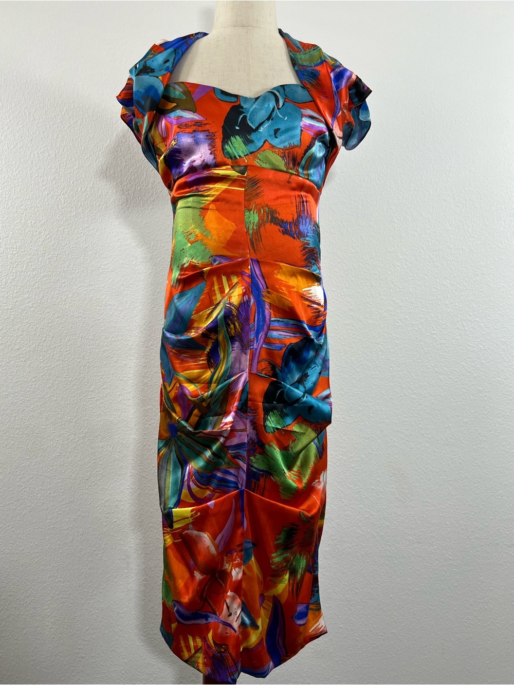 Cache Orange Multicolor Satin Floral Midi Dress